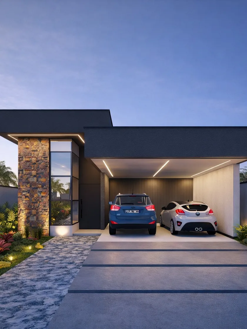 garagem coberta para dois carros, projeto em 3D da MM Construtora