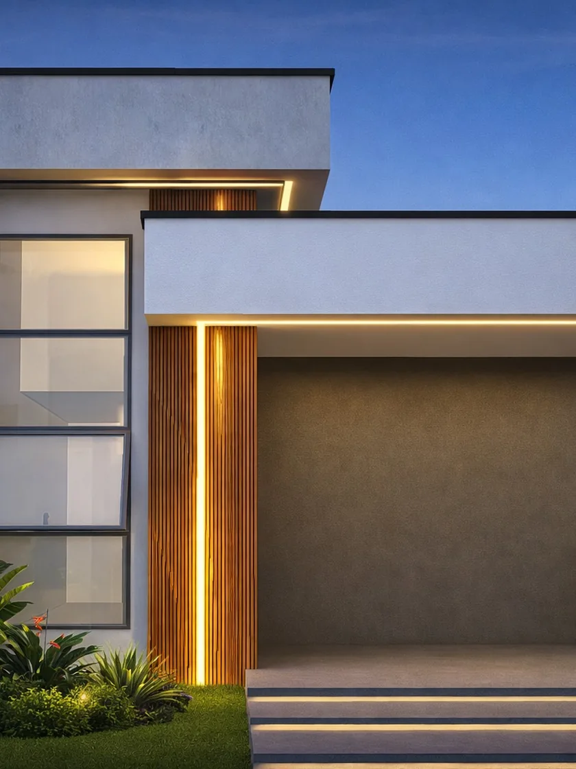 fachada com ripado vertical iluminado, projeto em 3D da MM Construtora