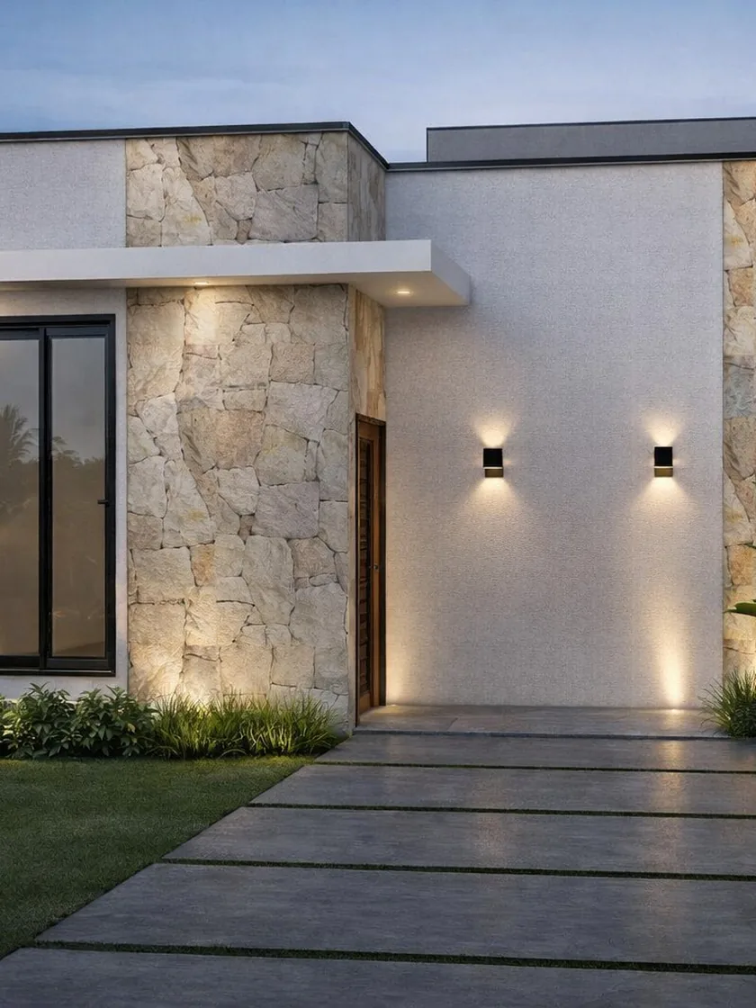fachada em pedra natural, projeto em 3D da MM Construtora