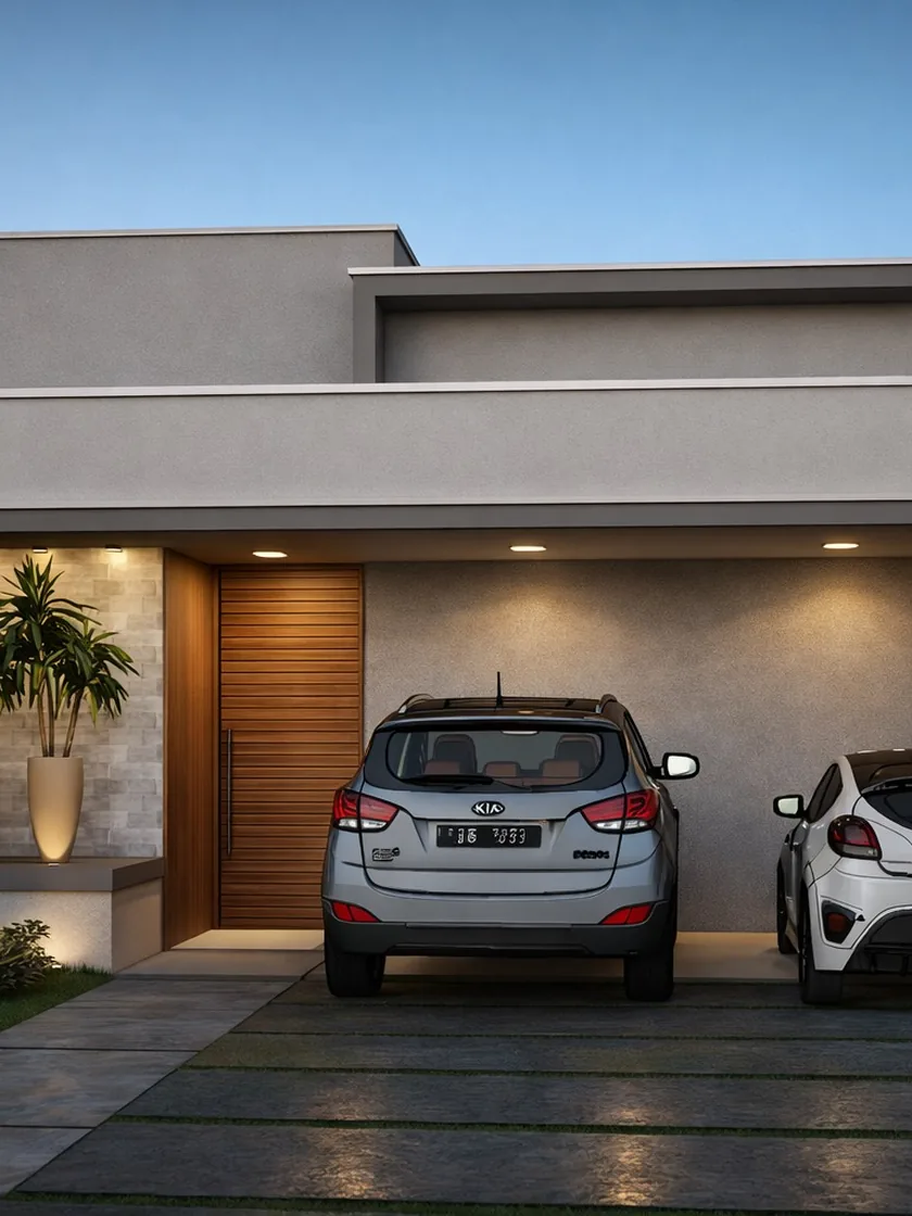 garagem e porta pivotante de madeira, projeto em 3D da MM Construtora