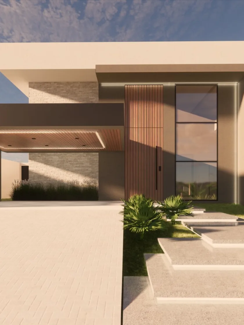 fachada clara com passarela de acesso, projeto em 3D da MM Construtora