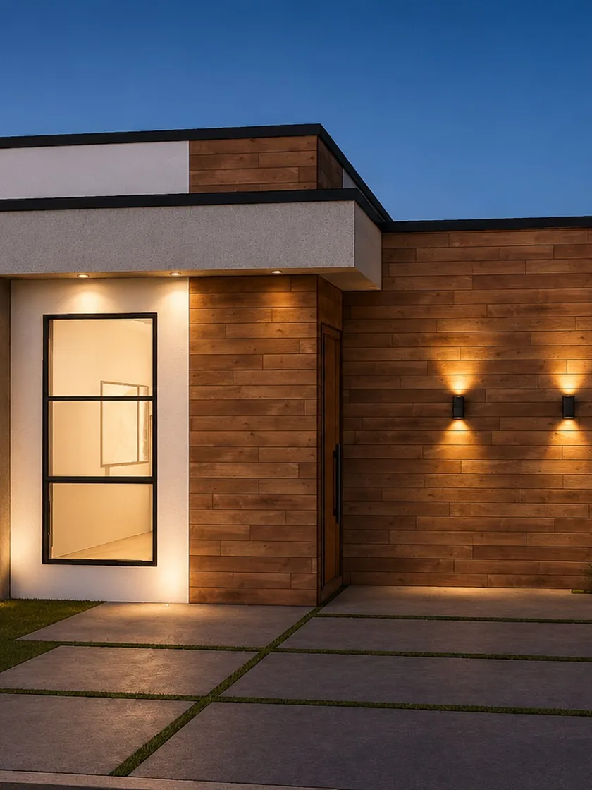 fachada em madeira com iluminação quente, projeto em 3D da MM Construtora