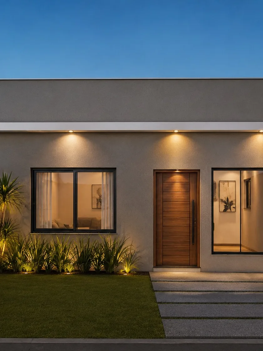 casa térrea com porta de madeira, projeto em 3D da MM Construtora