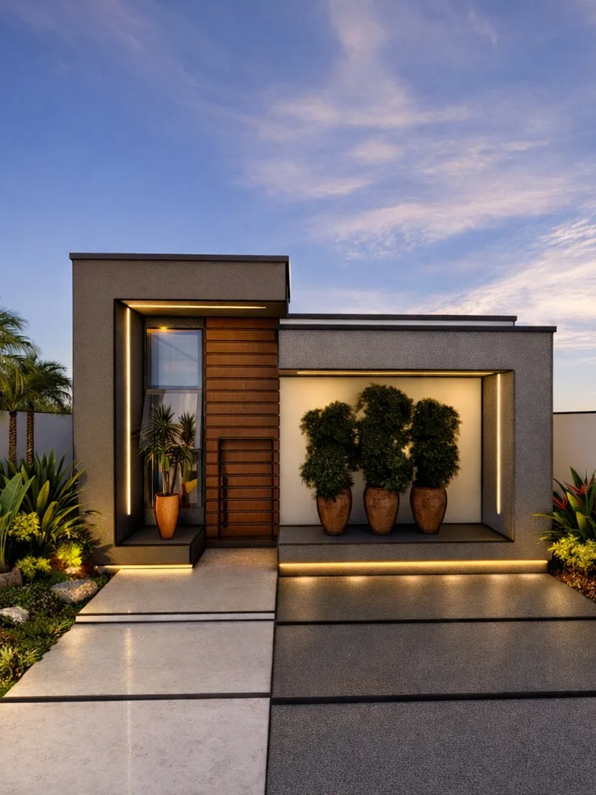 entrada com jardim em vasos, projeto em 3D da MM Construtora